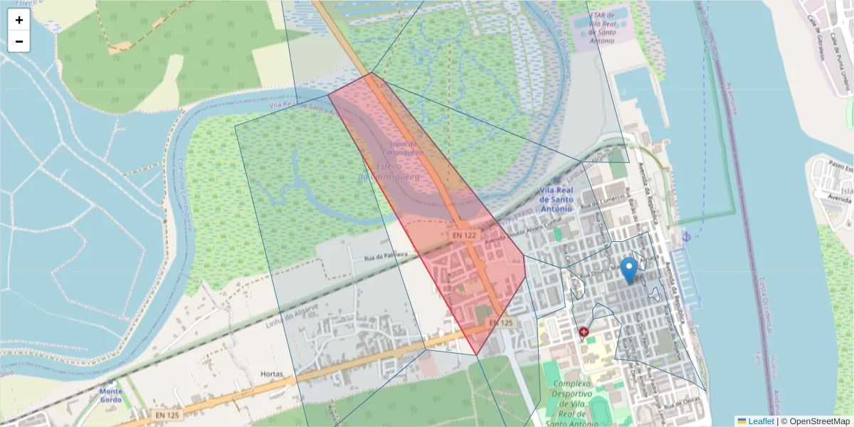 Mapa detalhado do código postal 8900-487 com limites, códigos postais vizinhos e agências dos correios