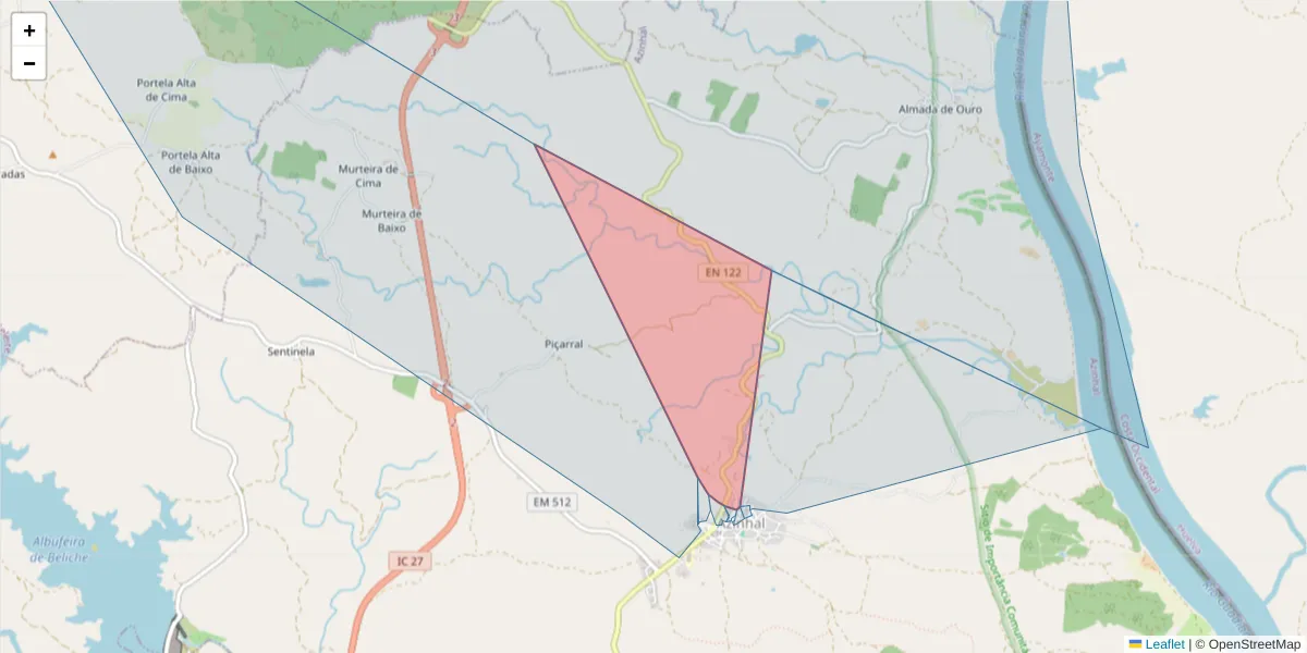 Mapa detalhado do código postal 8950-036 com limites, códigos postais vizinhos e agências dos correios