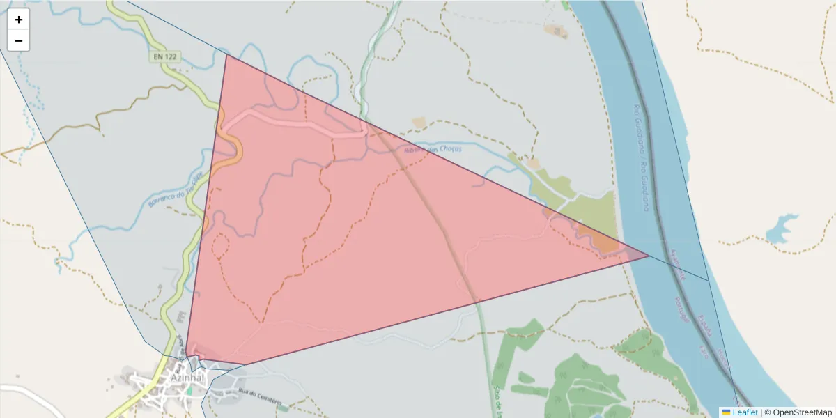 Mapa detalhado do código postal 8950-043 com limites, códigos postais vizinhos e agências dos correios
