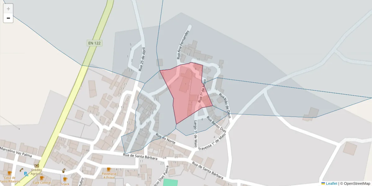 Mapa detalhado do código postal 8950-045 com limites, códigos postais vizinhos e agências dos correios