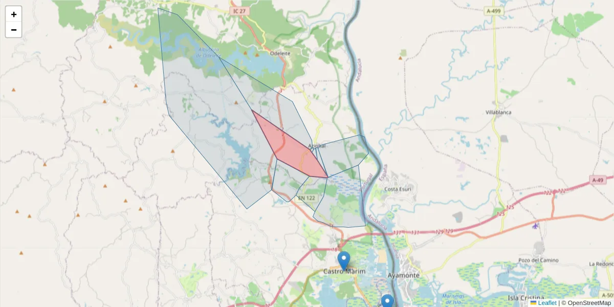 Mapa detalhado do código postal 8950-056 com limites, códigos postais vizinhos e agências dos correios