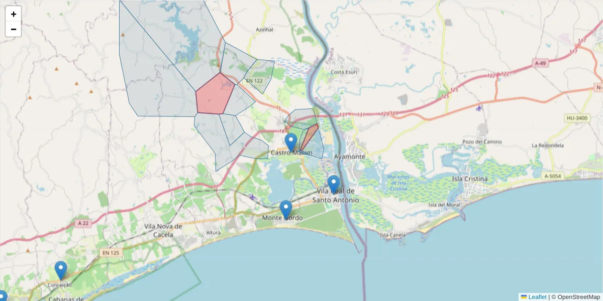 Mapa detalhado do código postal 8950-104 com limites, códigos postais vizinhos e agências dos correios