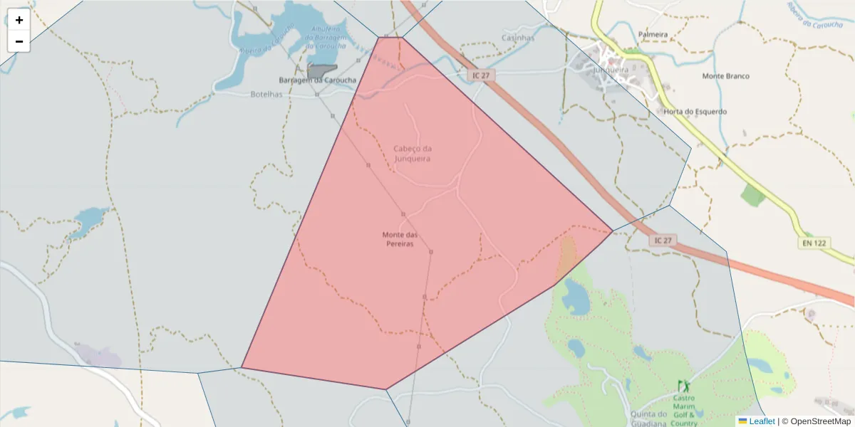 Mapa detalhado do código postal 8950-105 com limites, códigos postais vizinhos e agências dos correios