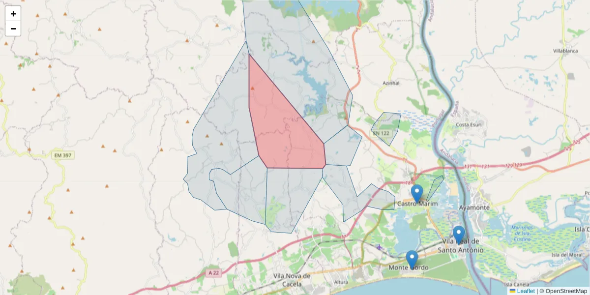 Mapa detalhado do código postal 8950-106 com limites, códigos postais vizinhos e agências dos correios