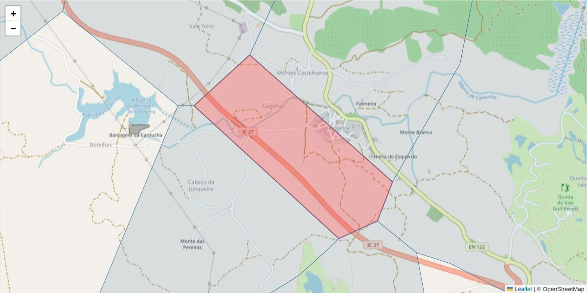 Mapa detalhado do código postal 8950-107 com limites, códigos postais vizinhos e agências dos correios