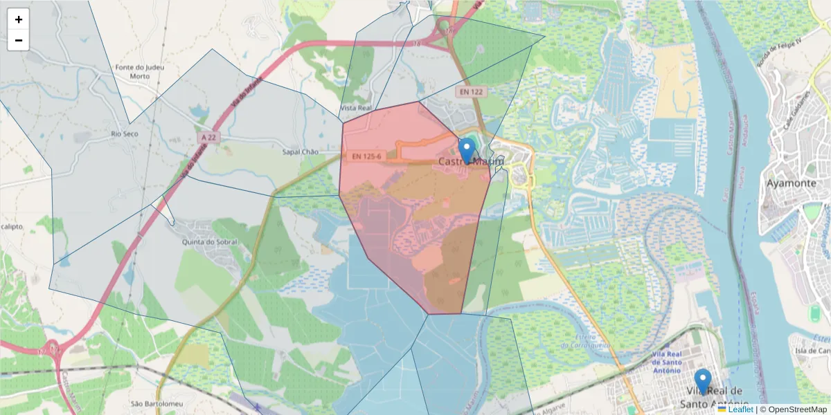 Mapa detalhado do código postal 8950-121 com limites, códigos postais vizinhos e agências dos correios