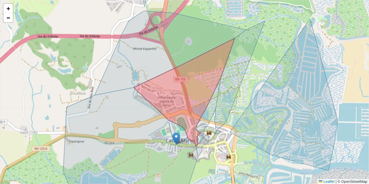Mapa detalhado do código postal 8950-122 com limites, códigos postais vizinhos e agências dos correios