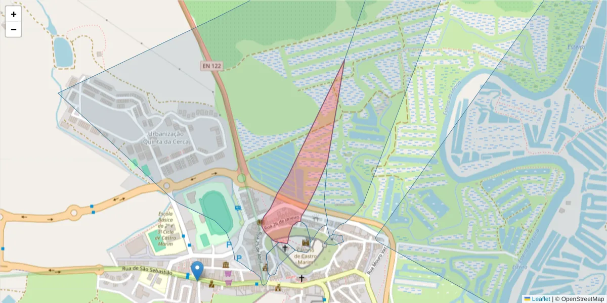 Mapa detalhado do código postal 8950-125 com limites, códigos postais vizinhos e agências dos correios