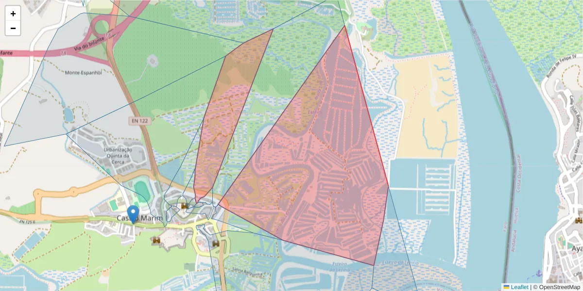 Mapa detalhado do código postal 8950-128 com limites, códigos postais vizinhos e agências dos correios