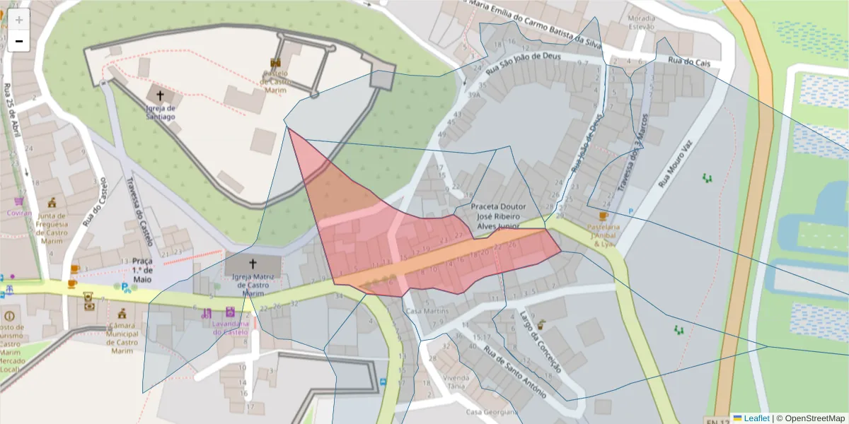 Mapa detalhado do código postal 8950-133 com limites, códigos postais vizinhos e agências dos correios