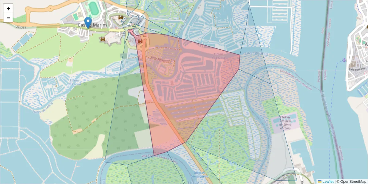 Mapa detalhado do código postal 8950-135 com limites, códigos postais vizinhos e agências dos correios