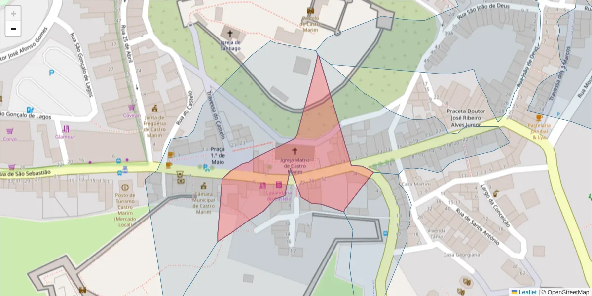 Mapa detalhado do código postal 8950-138 com limites, códigos postais vizinhos e agências dos correios