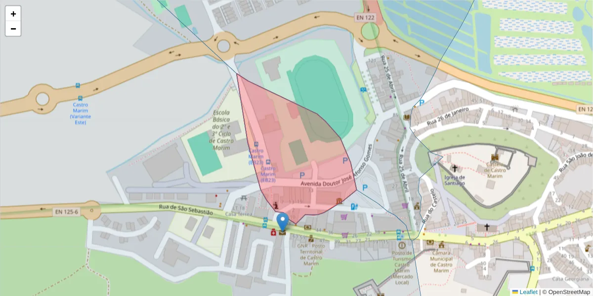 Mapa detalhado do código postal 8950-141 com limites, códigos postais vizinhos e agências dos correios
