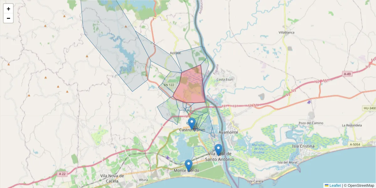 Mapa detalhado do código postal 8950-144 com limites, códigos postais vizinhos e agências dos correios