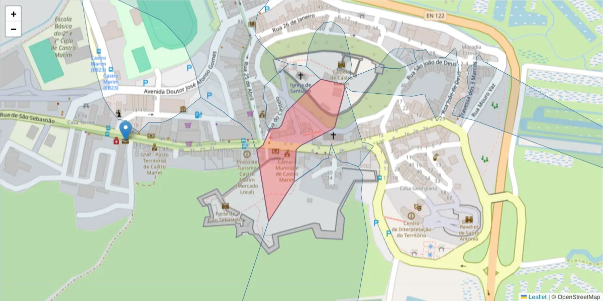 Mapa detalhado do código postal 8950-150 com limites, códigos postais vizinhos e agências dos correios