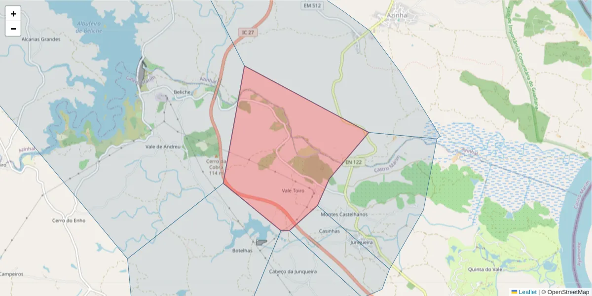 Mapa detalhado do código postal 8950-183 com limites, códigos postais vizinhos e agências dos correios