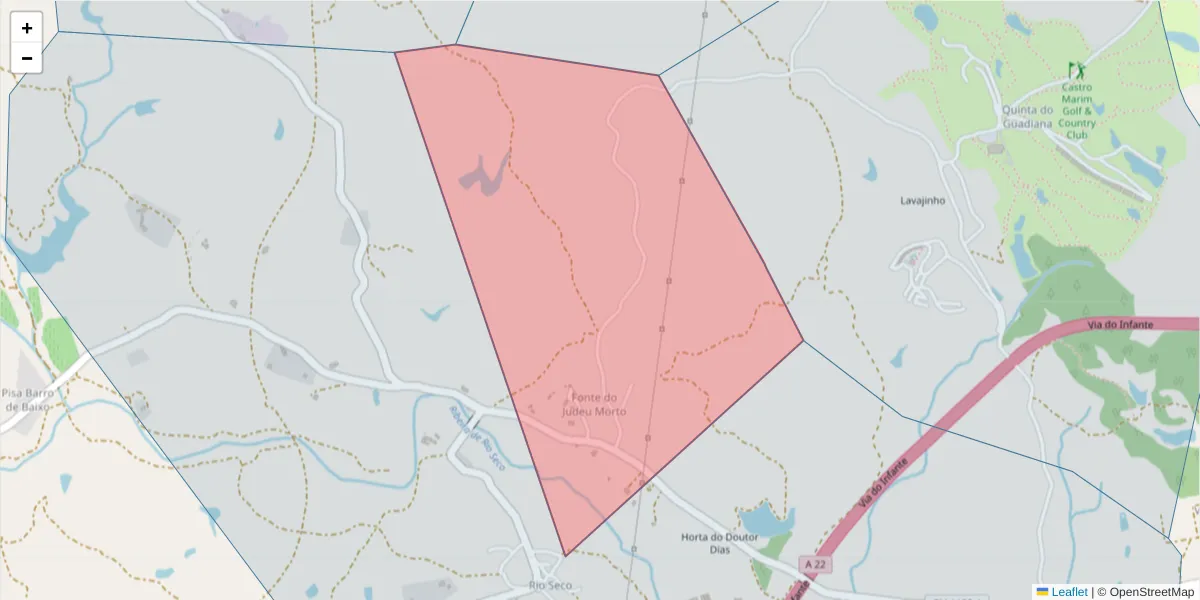Mapa detalhado do código postal 8950-185 com limites, códigos postais vizinhos e agências dos correios