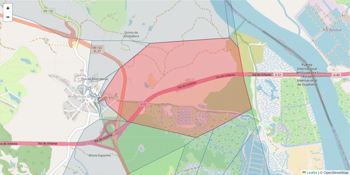 Mapa detalhado do código postal 8950-205 com limites, códigos postais vizinhos e agências dos correios