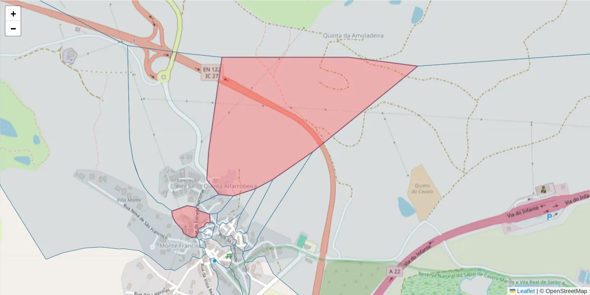 Mapa detalhado do código postal 8950-219 com limites, códigos postais vizinhos e agências dos correios
