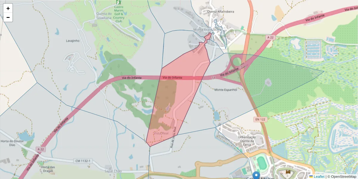 Mapa detalhado do código postal 8950-229 com limites, códigos postais vizinhos e agências dos correios