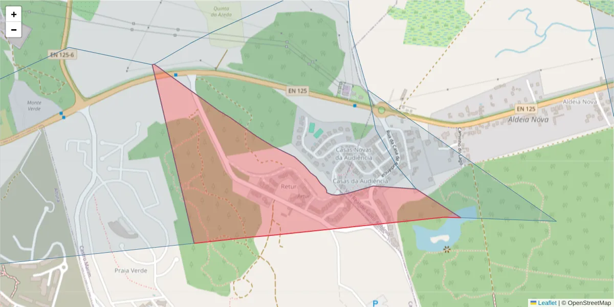Mapa detalhado do código postal 8950-257 com limites, códigos postais vizinhos e agências dos correios
