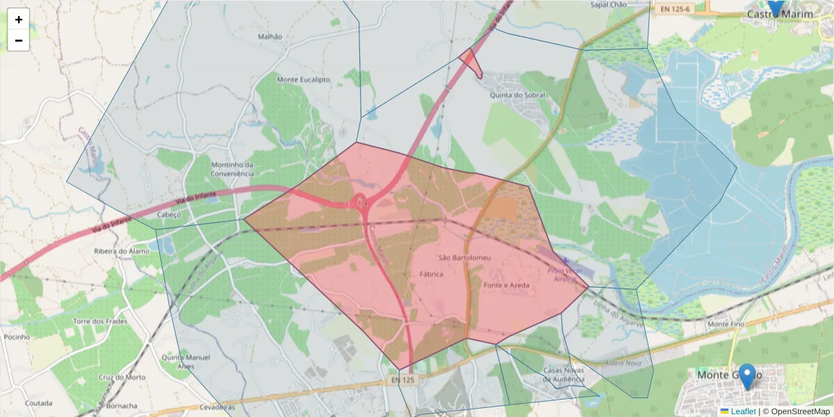 Mapa detalhado do código postal 8950-270 com limites, códigos postais vizinhos e agências dos correios