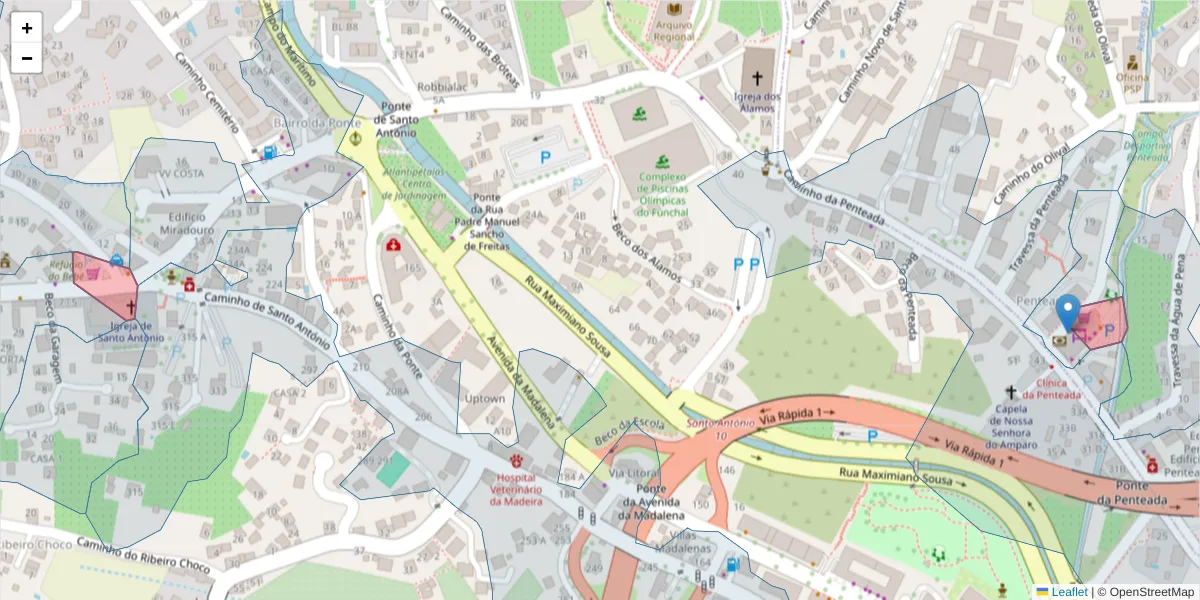Mapa detalhado do código postal 9000-000 com limites, códigos postais vizinhos e agências dos correios