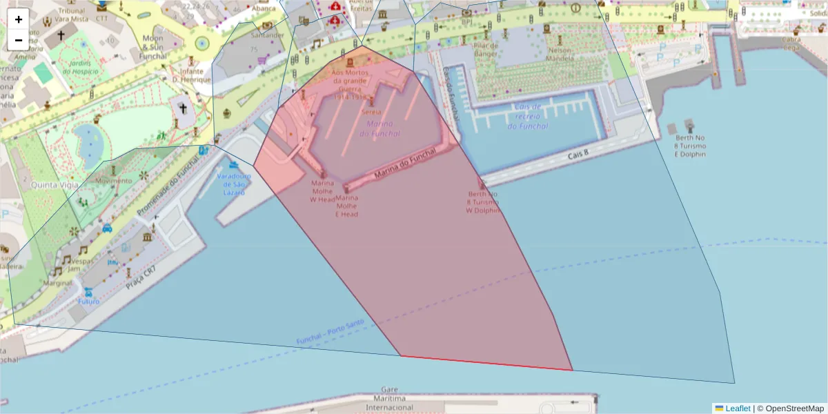 Mapa detalhado do código postal 9000-005 com limites, códigos postais vizinhos e agências dos correios