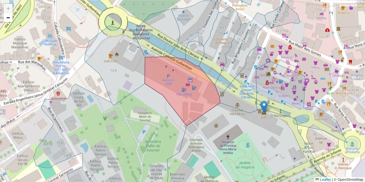 Mapa detalhado do código postal 9000-011 com limites, códigos postais vizinhos e agências dos correios