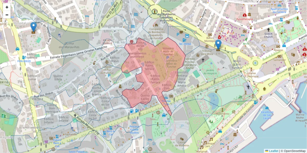 Mapa detalhado do código postal 9000-013 com limites, códigos postais vizinhos e agências dos correios
