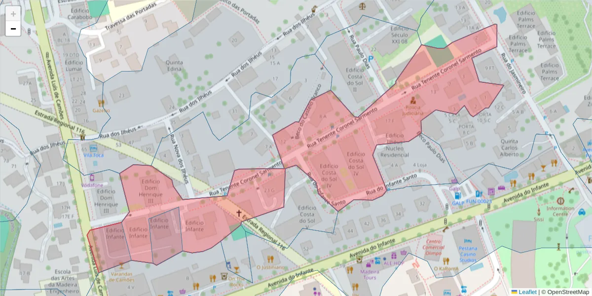 Mapa detalhado do código postal 9000-020 com limites, códigos postais vizinhos e agências dos correios