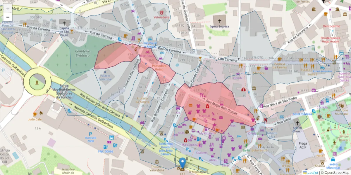 Mapa detalhado do código postal 9000-038 com limites, códigos postais vizinhos e agências dos correios