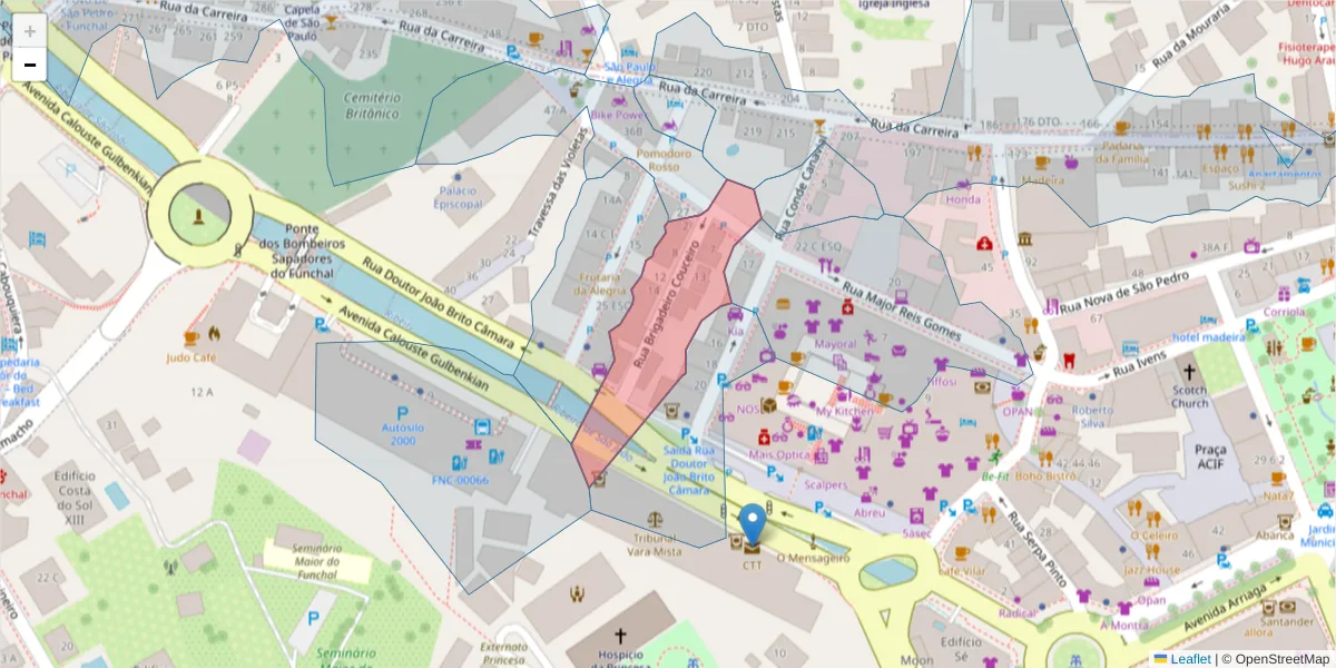 Mapa detalhado do código postal 9000-041 com limites, códigos postais vizinhos e agências dos correios