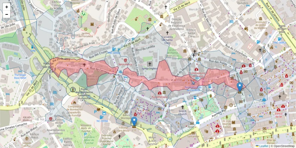Mapa detalhado do código postal 9000-042 com limites, códigos postais vizinhos e agências dos correios