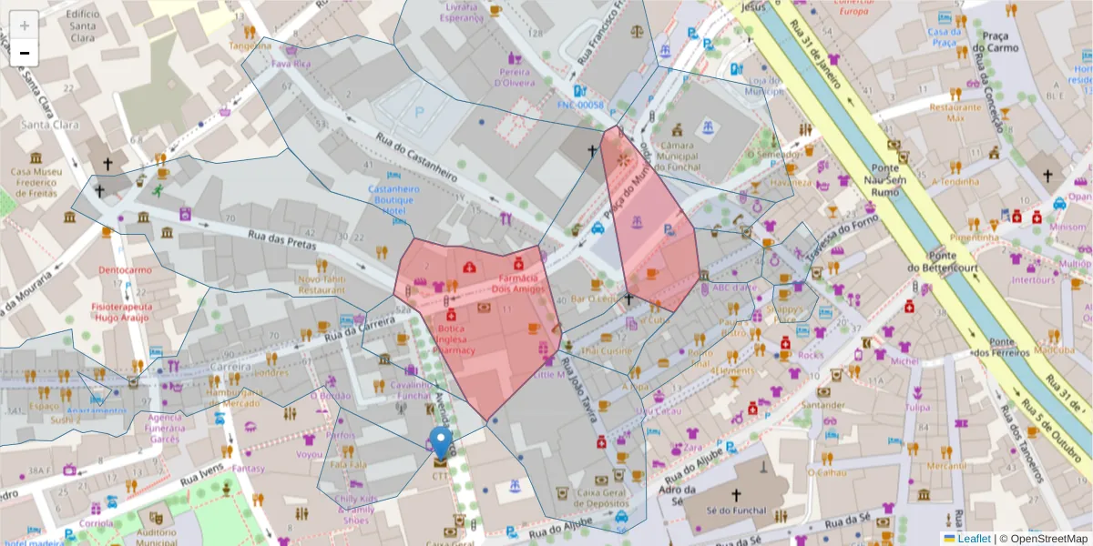 Mapa detalhado do código postal 9000-043 com limites, códigos postais vizinhos e agências dos correios