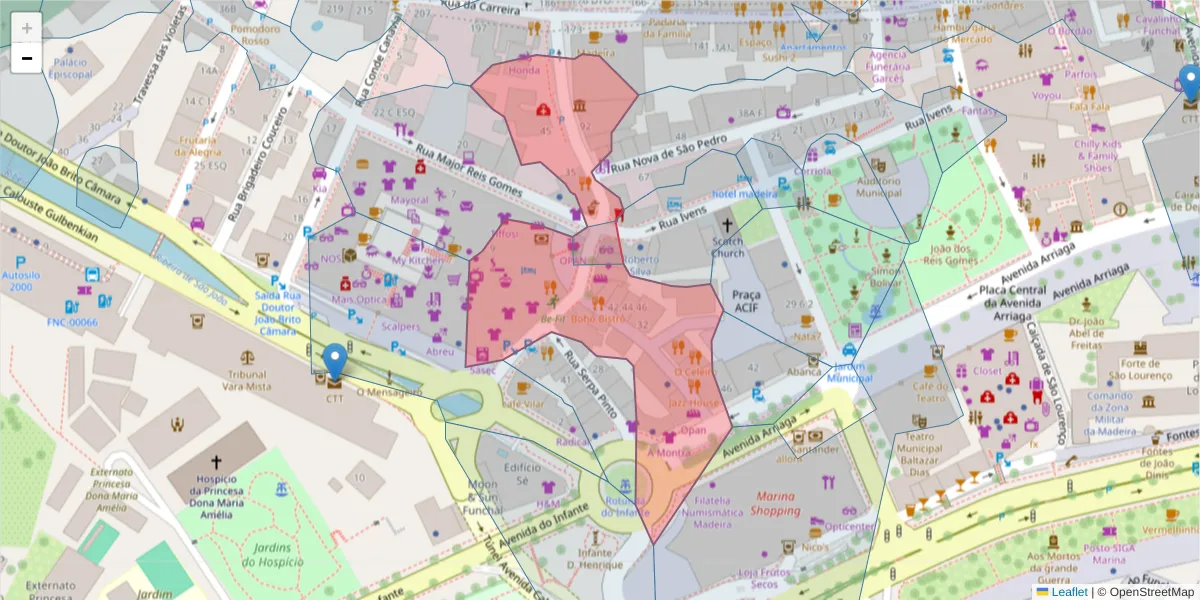 Mapa detalhado do código postal 9000-044 com limites, códigos postais vizinhos e agências dos correios