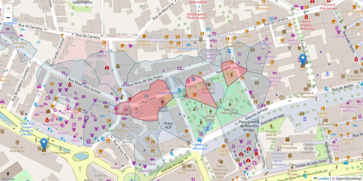 Mapa detalhado do código postal 9000-046 com limites, códigos postais vizinhos e agências dos correios