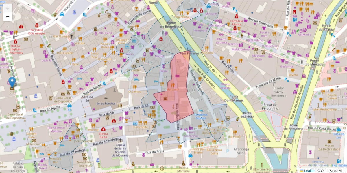 Mapa detalhado do código postal 9000-051 com limites, códigos postais vizinhos e agências dos correios