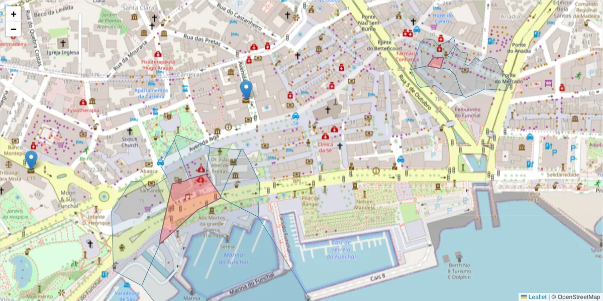 Mapa detalhado do código postal 9000-053 com limites, códigos postais vizinhos e agências dos correios