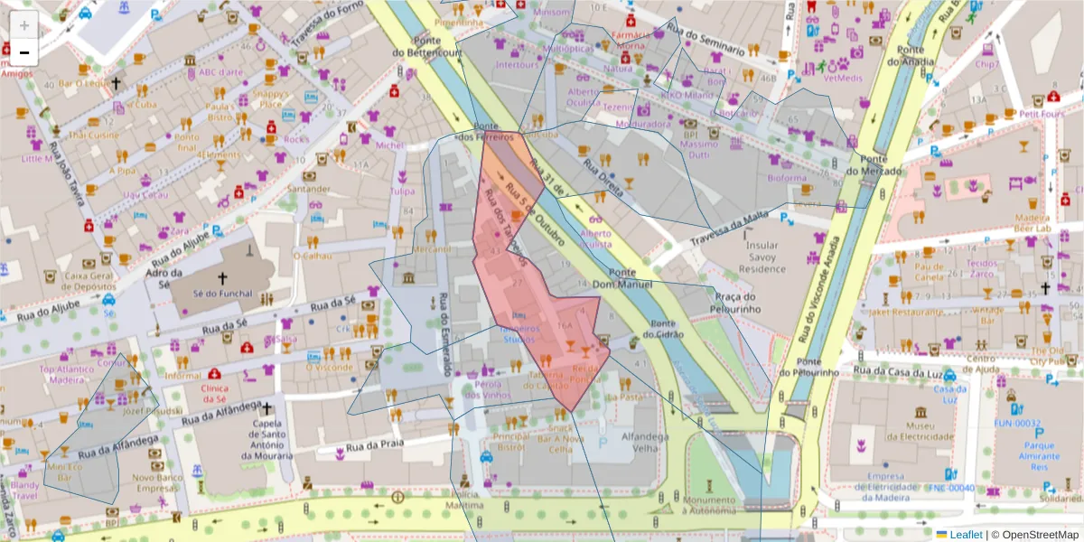 Mapa detalhado do código postal 9000-057 com limites, códigos postais vizinhos e agências dos correios