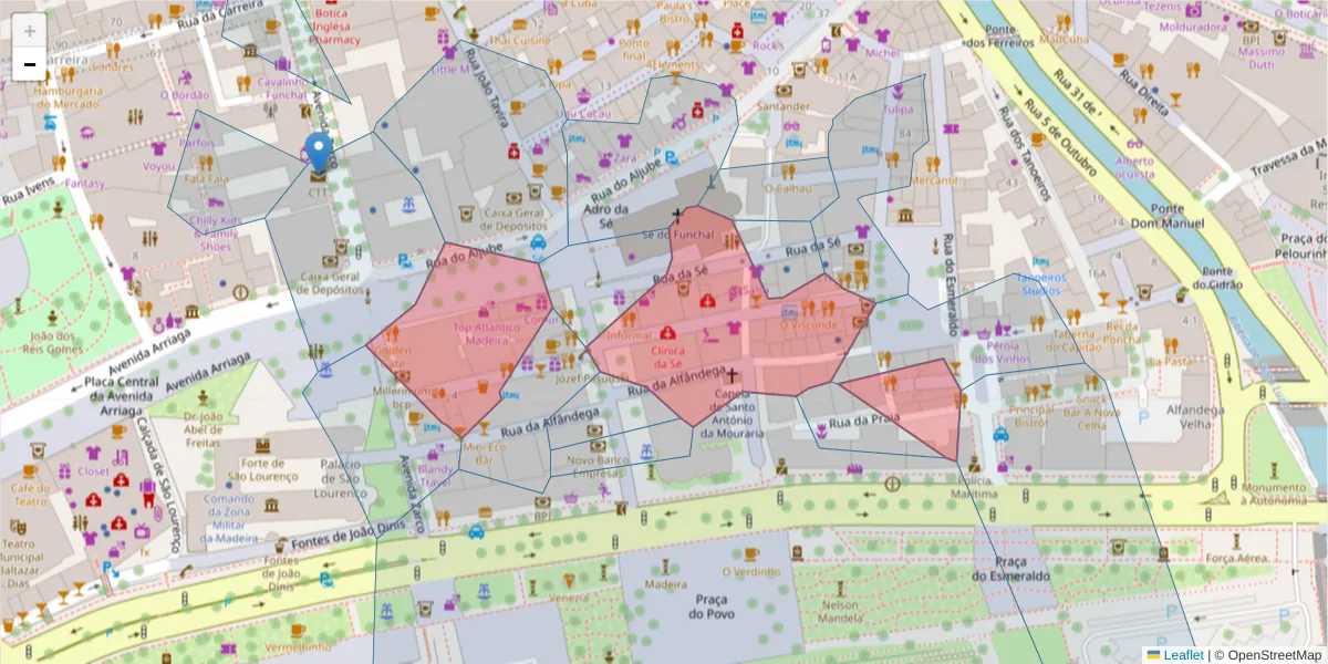 Mapa detalhado do código postal 9000-058 com limites, códigos postais vizinhos e agências dos correios
