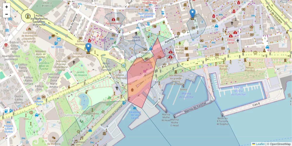 Mapa detalhado do código postal 9000-060 com limites, códigos postais vizinhos e agências dos correios