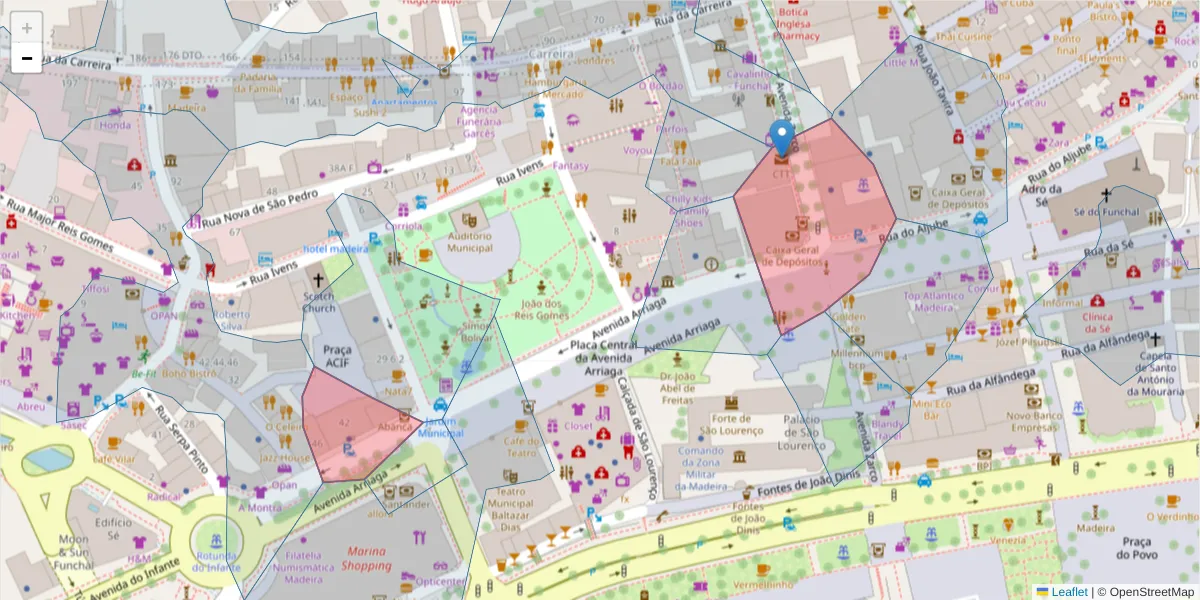 Mapa detalhado do código postal 9000-064 com limites, códigos postais vizinhos e agências dos correios