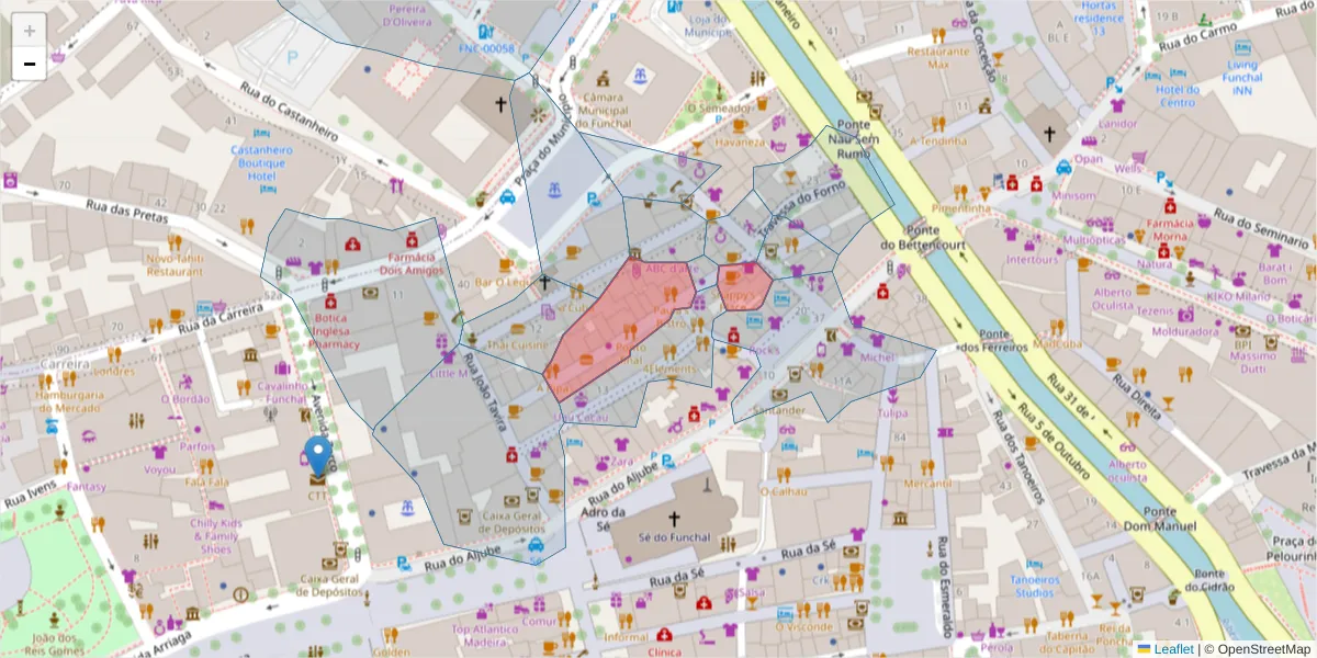 Mapa detalhado do código postal 9000-065 com limites, códigos postais vizinhos e agências dos correios