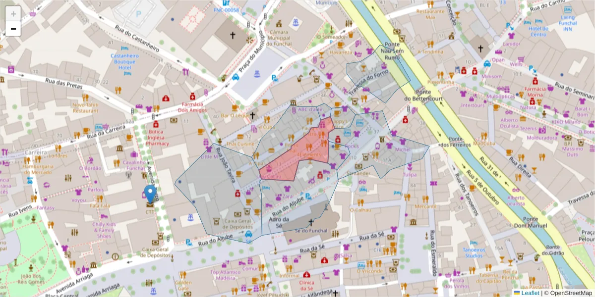 Mapa detalhado do código postal 9000-068 com limites, códigos postais vizinhos e agências dos correios