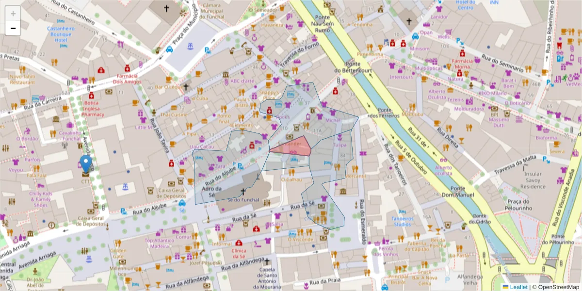 Mapa detalhado do código postal 9000-071 com limites, códigos postais vizinhos e agências dos correios