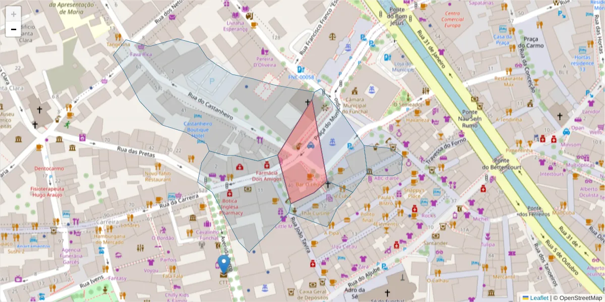 Mapa detalhado do código postal 9000-072 com limites, códigos postais vizinhos e agências dos correios