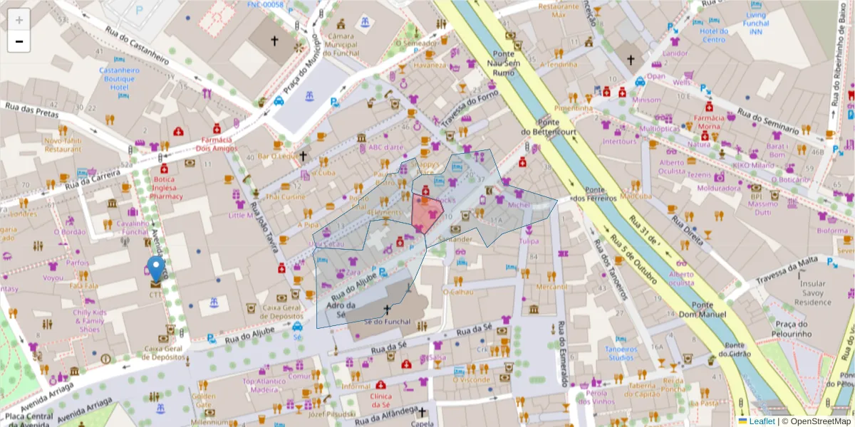 Mapa detalhado do código postal 9000-074 com limites, códigos postais vizinhos e agências dos correios