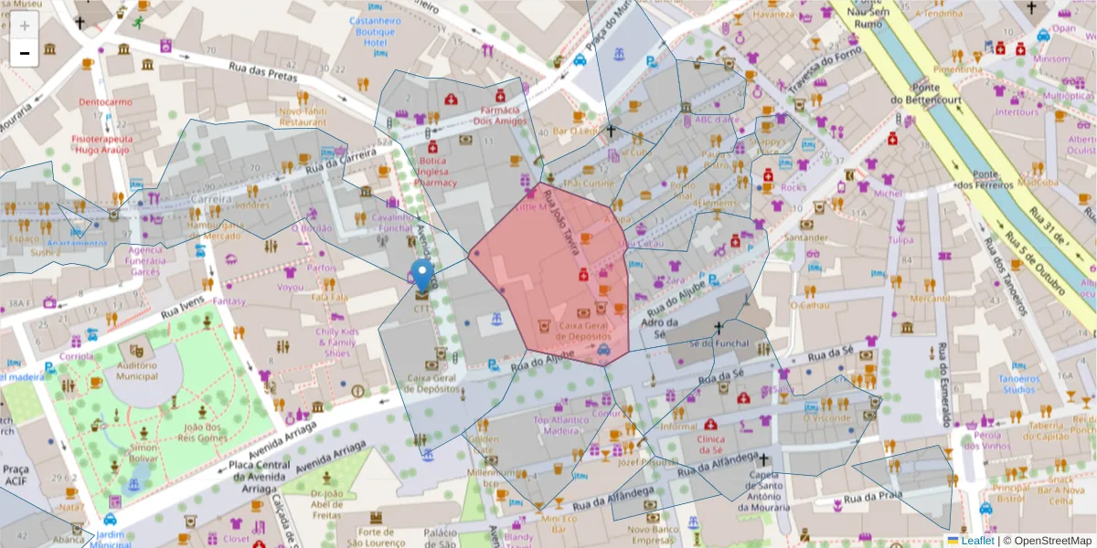 Mapa detalhado do código postal 9000-075 com limites, códigos postais vizinhos e agências dos correios