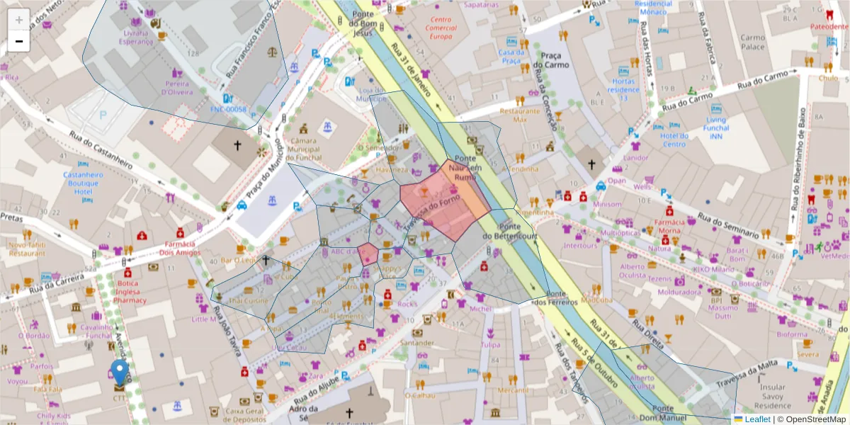 Mapa detalhado do código postal 9000-077 com limites, códigos postais vizinhos e agências dos correios